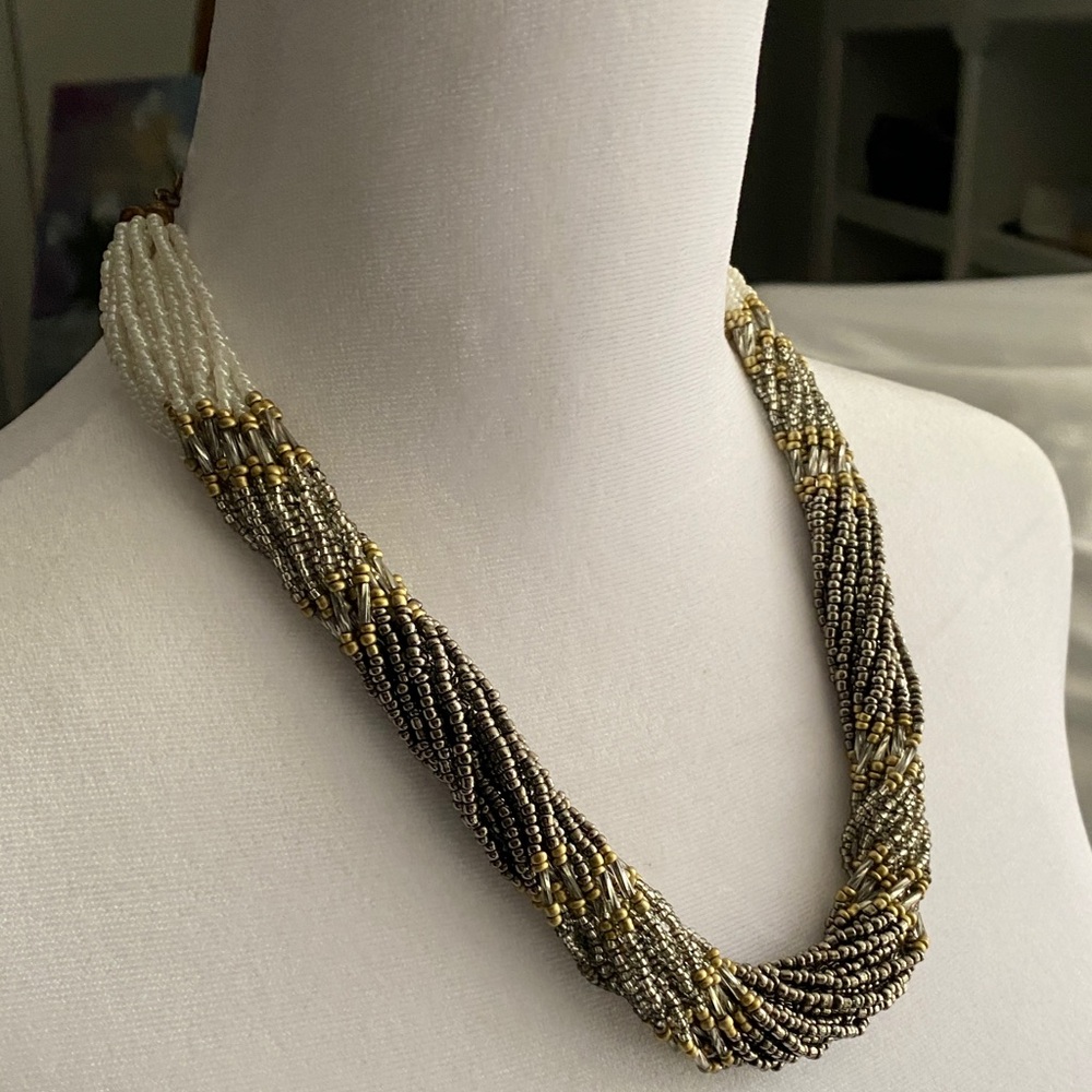 Gold White & Bronze Beaded Necklace